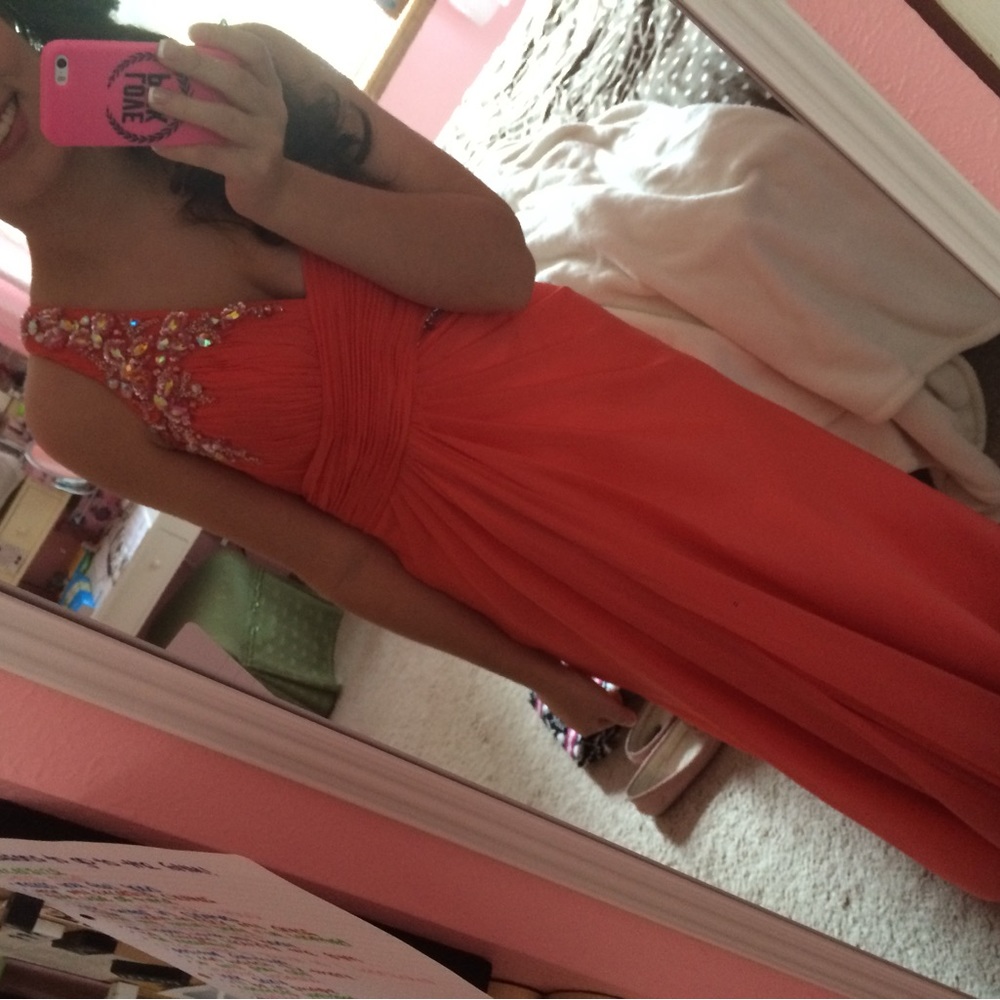 PROM DRESS • CORAL • ONE STRAP • MESH BACK • SPARKLES